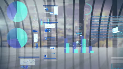 animation of data processing over modern building and cityscape