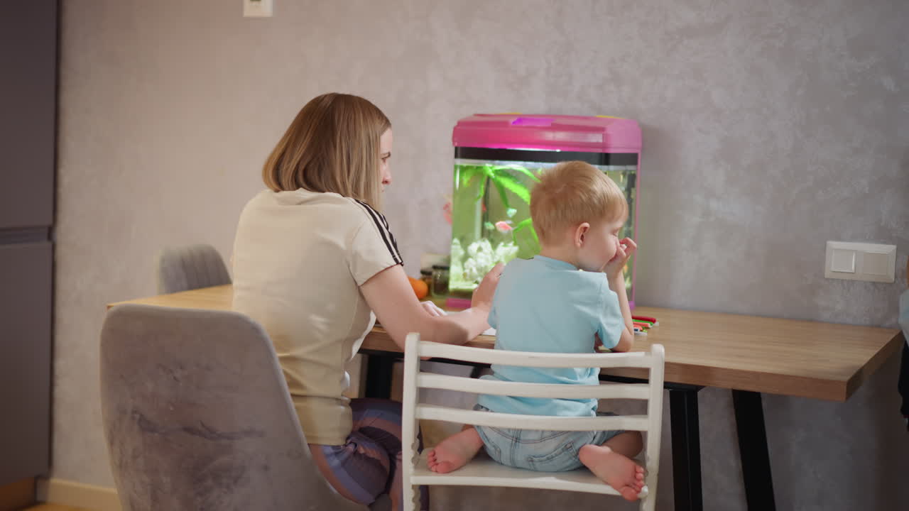 Mor og ung gutt som sitter sammen ved et trebord og ser på fargerike fisker som svømmer inne i et lyst akvarium, knytter bånd mens de observerer undervannsverdenen i et fredelig hjemmemiljø, et øyeblikk med familien