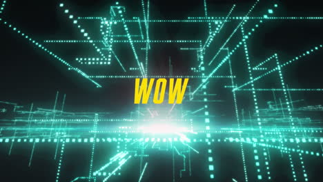 animation of wow text over light trails on black background