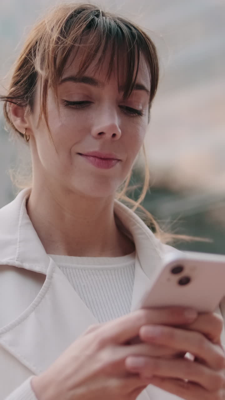 Giovane donna sorridente mentre usa lo smartphone all'aperto