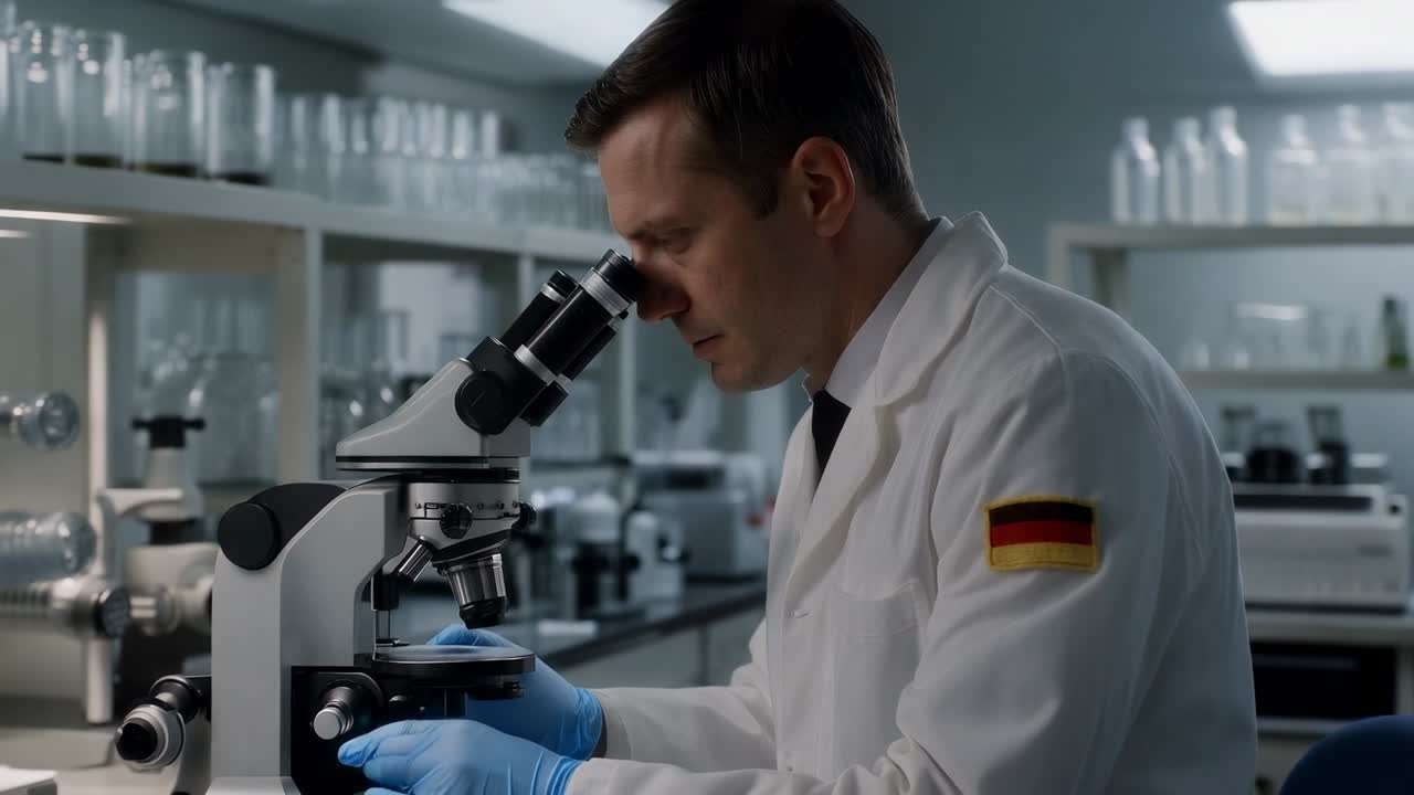 Placing slide at lab, tech in labcoat, gloves leaning into scope, inspecting slide, showing patch