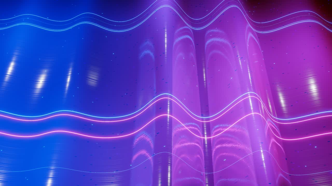 Abstract 3D surface with beautiful waves, luminous sparkles and bright color gradient. Waves run on very shiny, glossy surface with glow glitter and glow lines. 4k looped animation