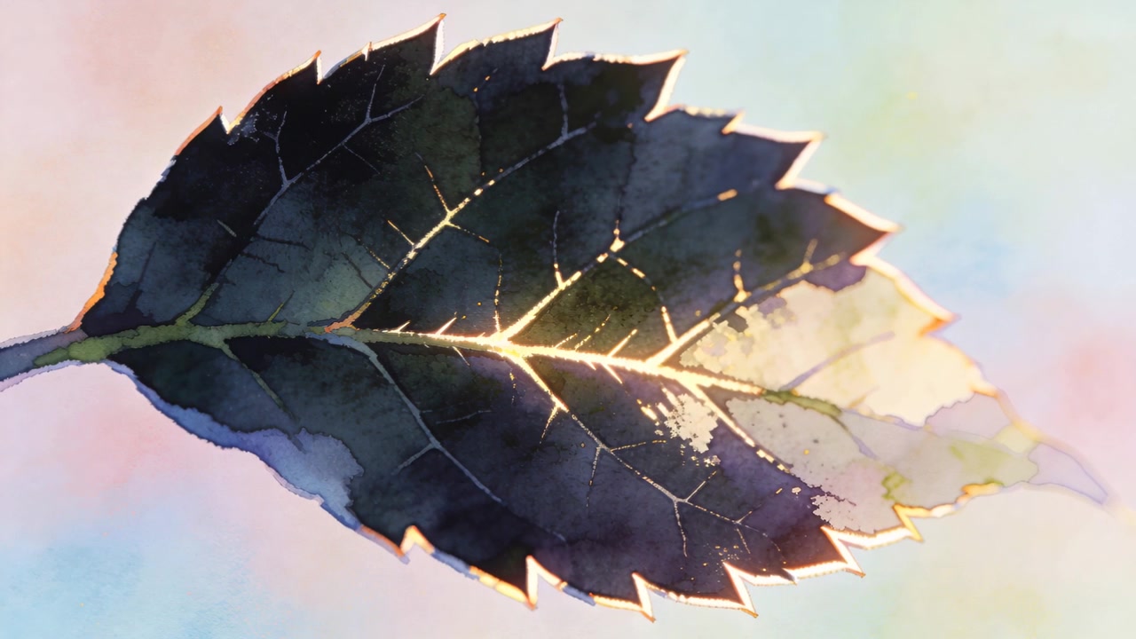 Shifting light revealing serrated leaf midrib veins glowing with golden highlights in pastel wash