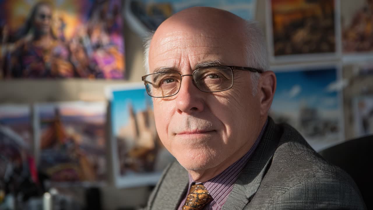 A Portrait of a Distinguished Individual in a Professional Setting Surrounded by Artistic Backgrounds Reflecting Creativity and Passion for the Arts