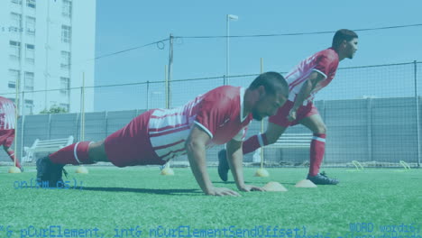 animation of data processing over male football players doing push ups on pitch