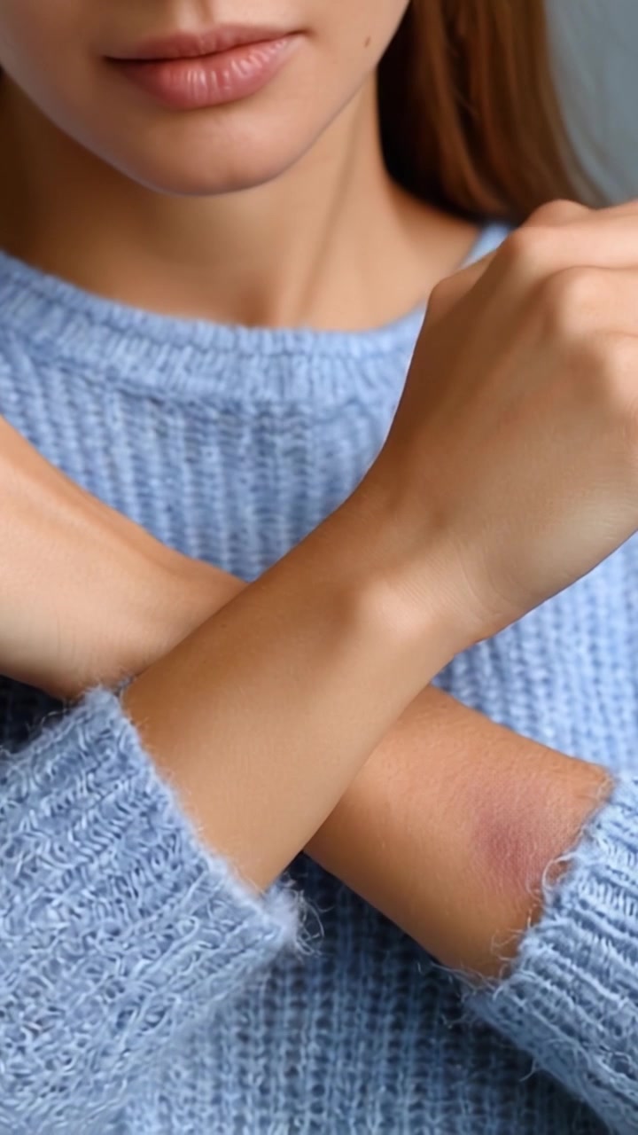 Un primer plano de las manos de una mujer cruzadas, mostrando un suéter azul de textura suave y una marca sutil en su muñeca, transmitiendo emoción y vulnerabilidad.