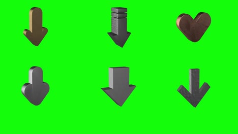 6 diferentes flechas metálicas apuntando hacia abajo pantalla verde