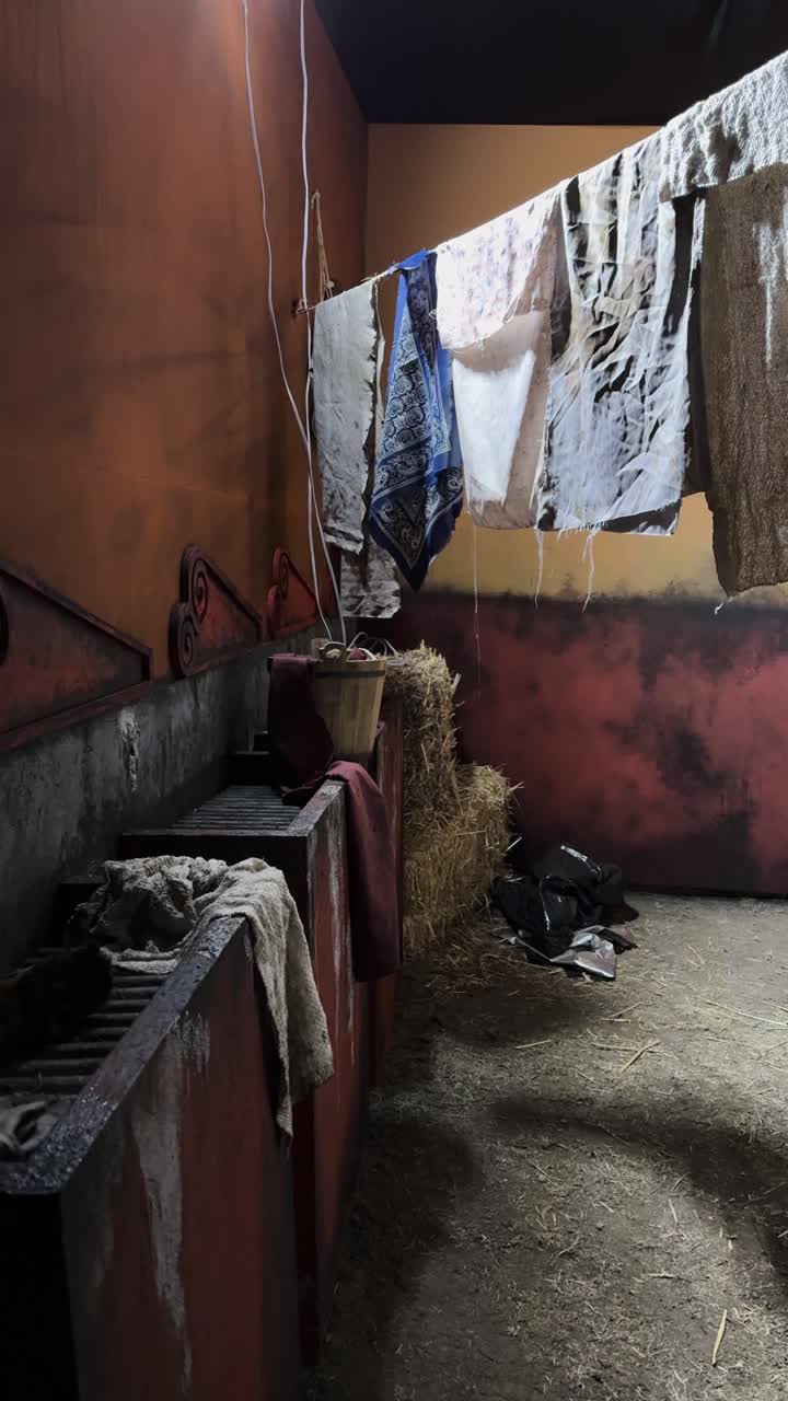 Vecchio lavatoio con bucato steso e usurato, atmosfera rustica e storica