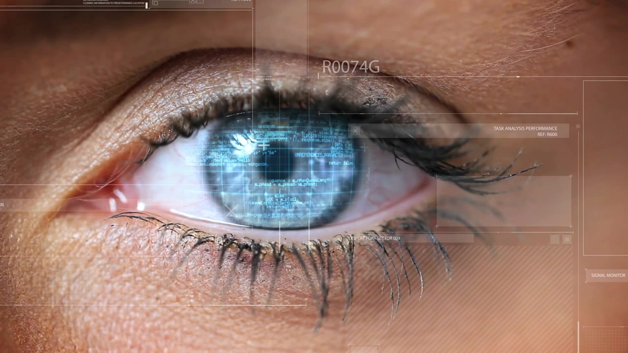 Animation of data processing over eye of caucasian woman