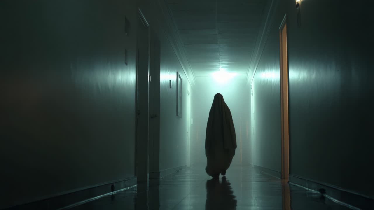 A Haunting Encounter in a Dimly Lit Hallway: Captivating Frames Highlighting the Eerie Presence of a Shrouded Figure in an Atmospheric Setting