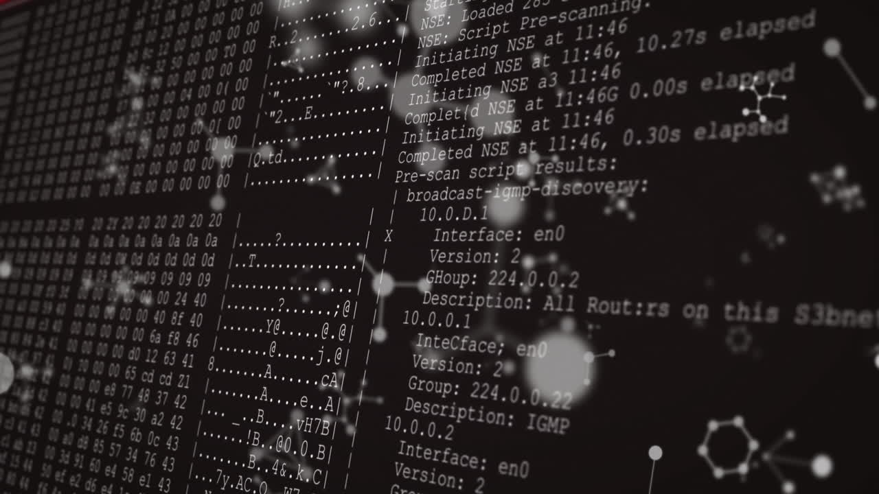 Animation of molecules over data processing on black background