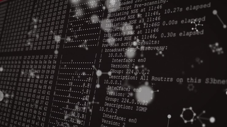 Animation of molecules over data processing on black background