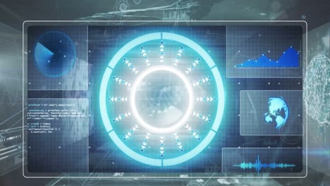 animation of interface with round scanner and data processing against network of connections