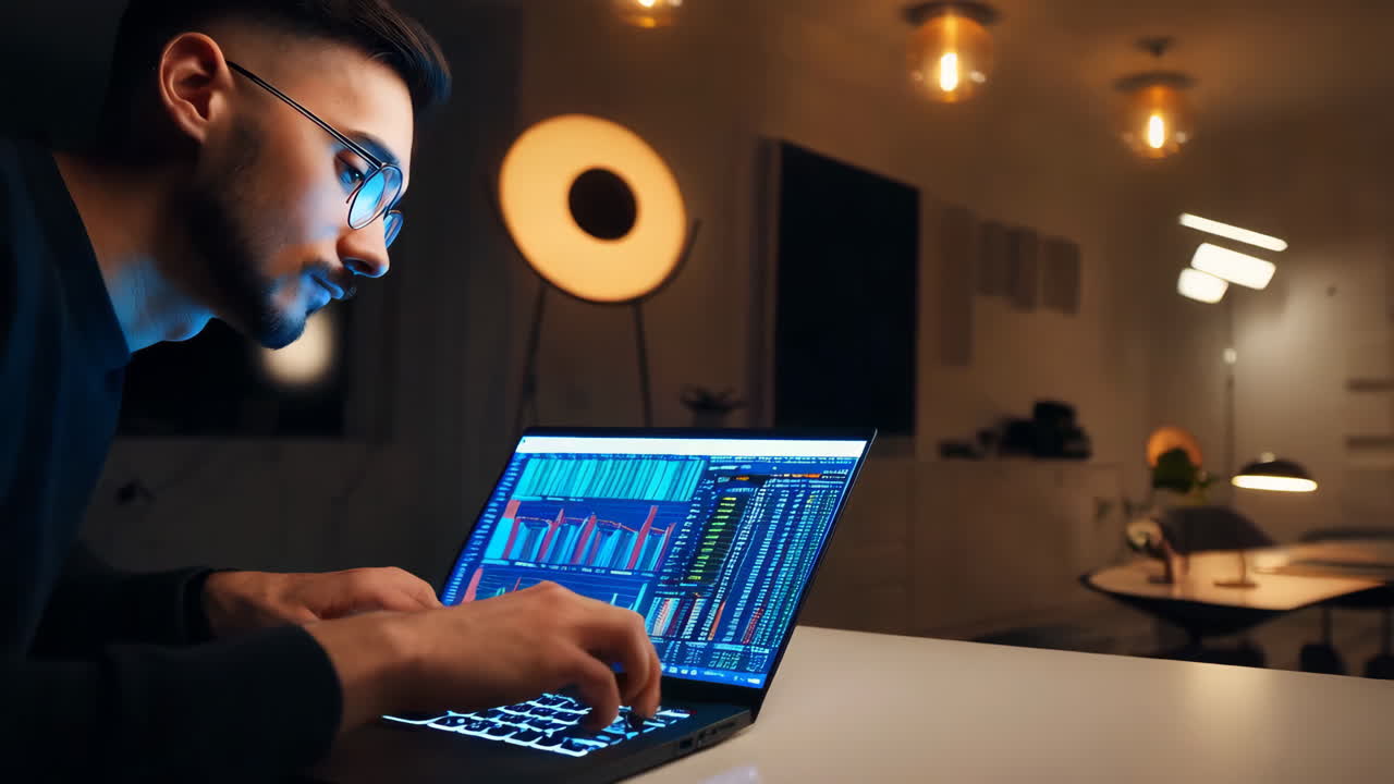 Businessman working on stock market analysis late at night