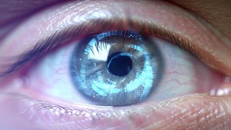 a close-up look at a futuristic eye: examining the intricate details and digital elements of a human eye with advanced technology integration