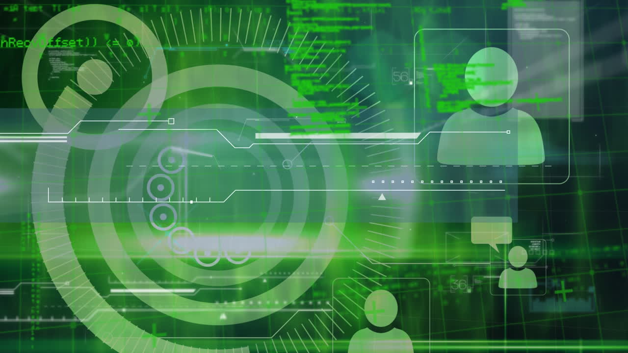 animación del procesamiento de datos, iconos digitales y escaneo de alcance