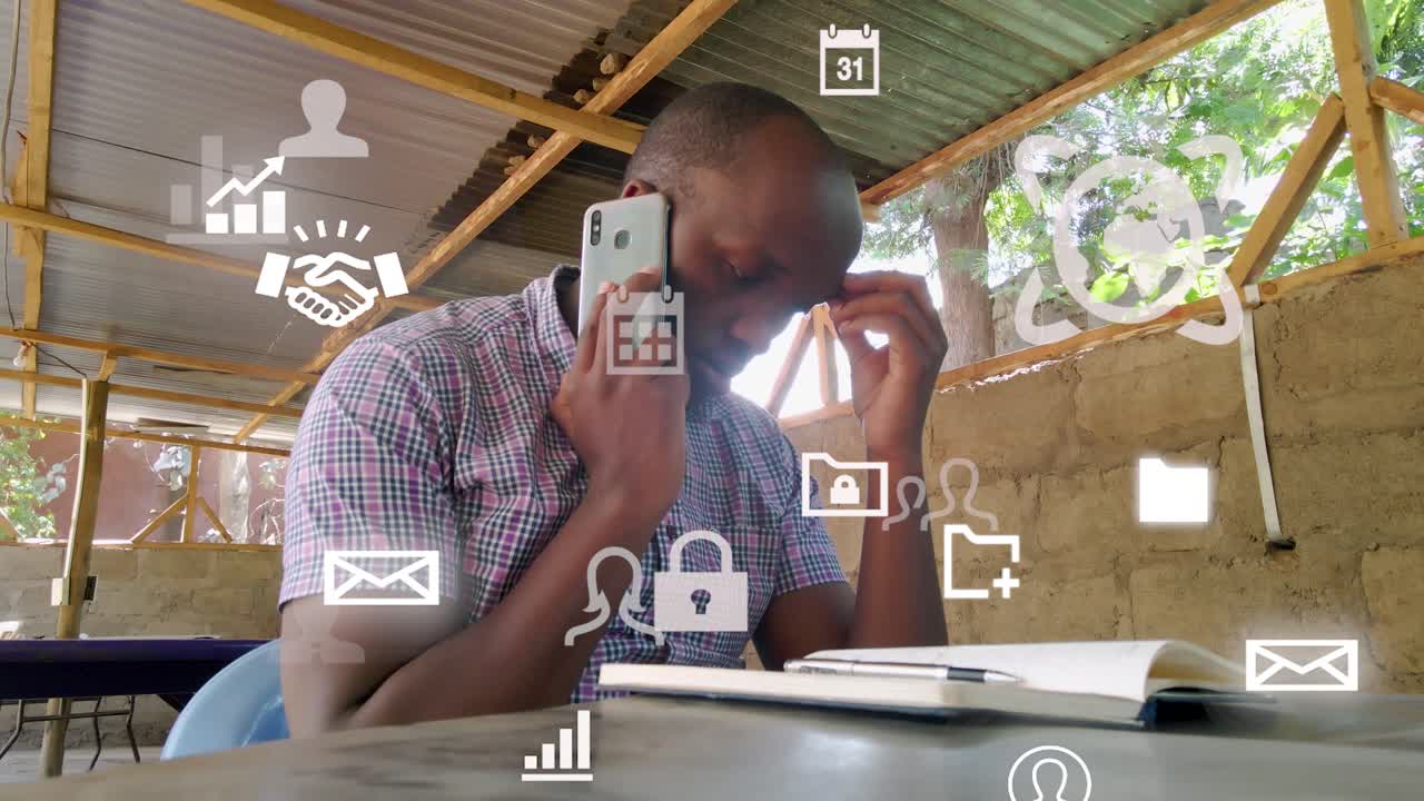 Futuristic graphical design of a man using phone