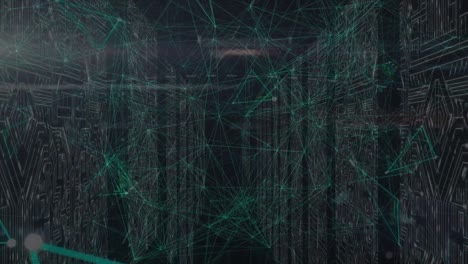 animazione di una rete di connessioni su colonne con scheda di circuiti per computer