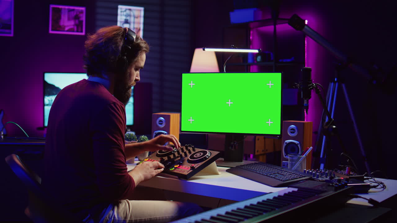 Music producer learning to use mixing console with online tutorial on computer