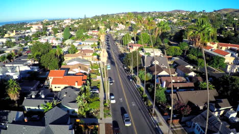 Hermosa-Toma-Aérea-Sobre-Una-Calle-Bordeada-De-Palmeras-En-El-Sur-De-California-1