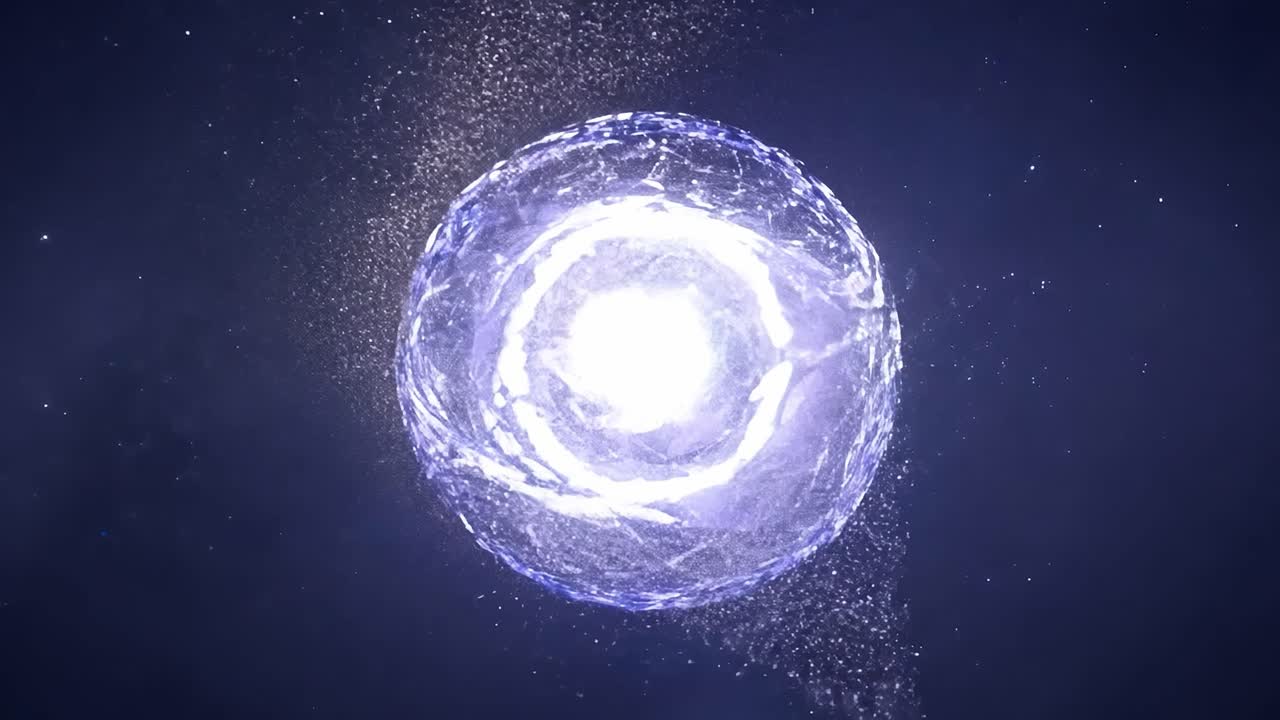 esfera de energía brillante gira contra un fondo negro, creando un efecto visual cautivador con movimiento dinámico