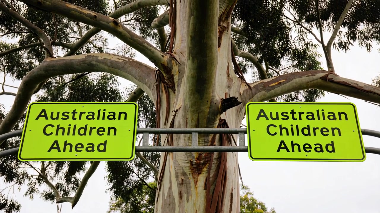 Mostra 2 insegne al neon con la scritta "Bambini Australiani Avanti" su un tronco di eucalipto, il vento che le fa oscillare, per avvertire gli automobilisti