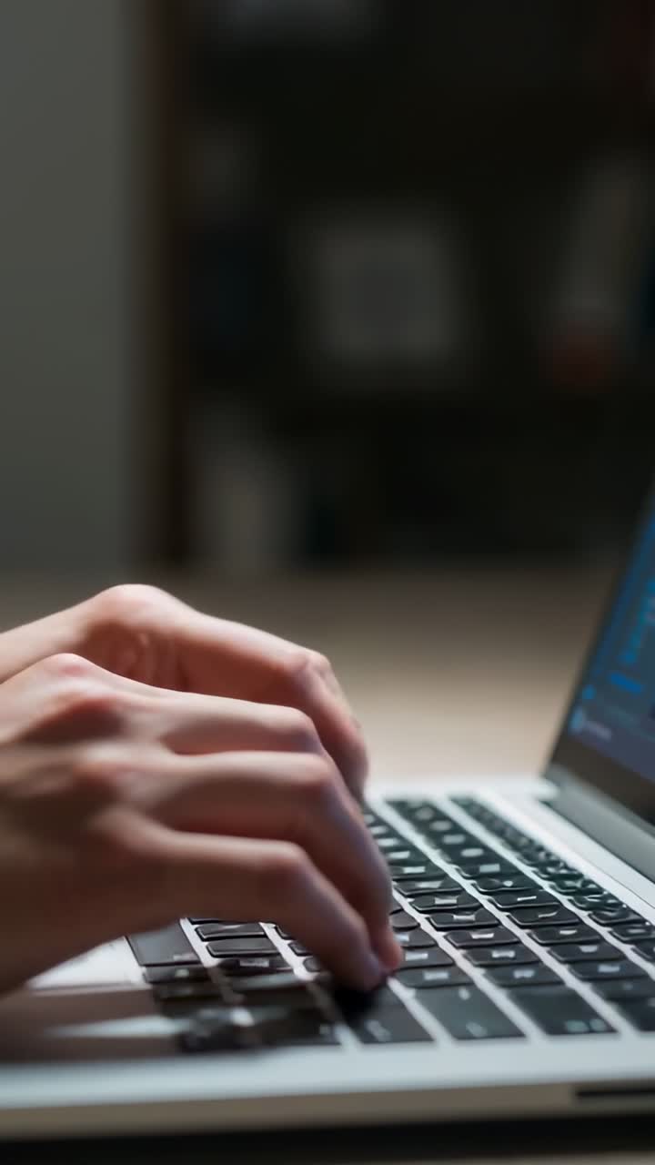 Video verticale: mani curate che iniziano a premere i tasti del laptop alla scrivania, modificando il codice sul terminale