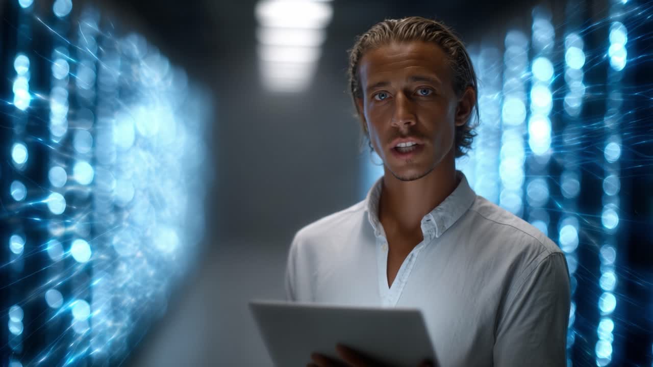 A focused individual engages with a tablet in a high-tech environment illuminated by glowing blue lights, embodying modern technology and digital innovation
