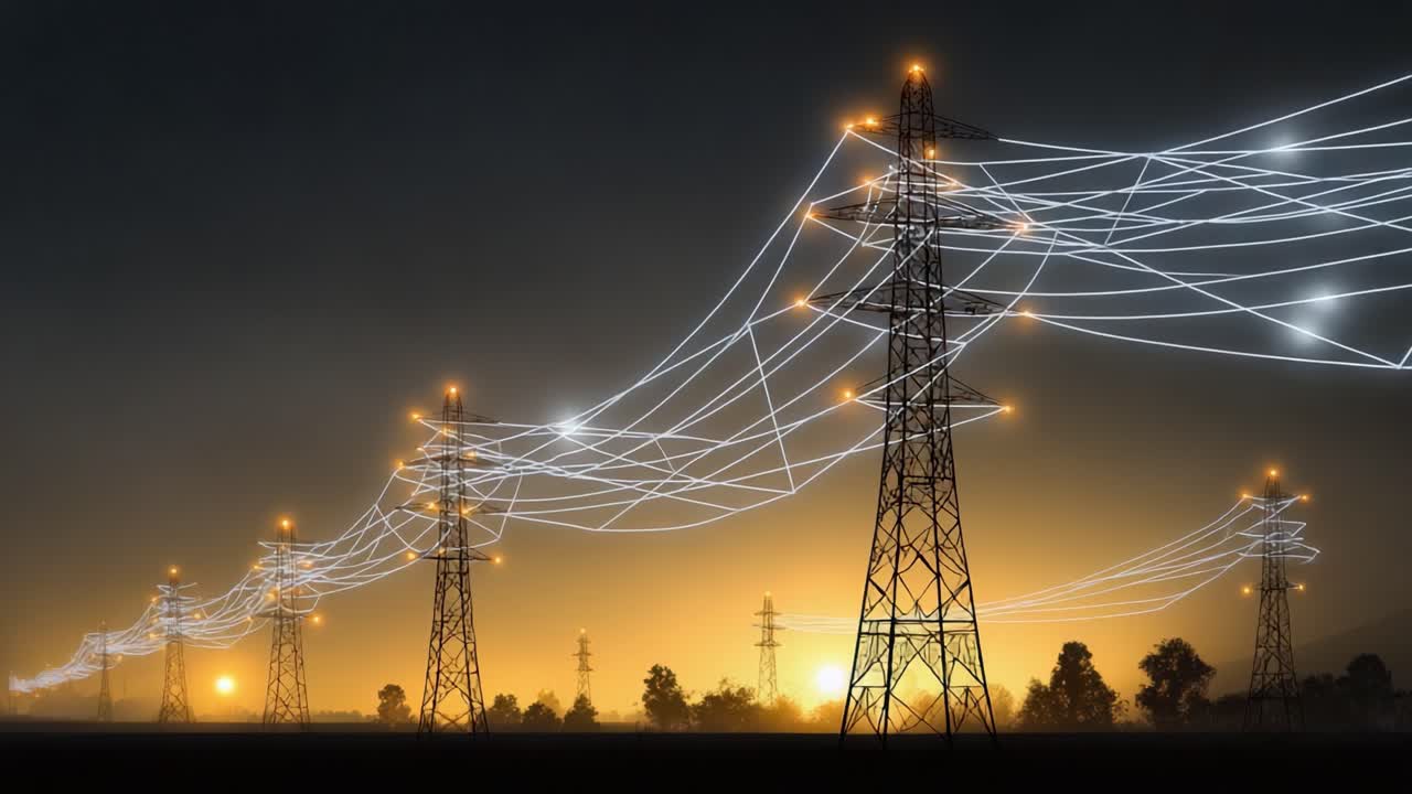 Ohromující vizualizace elektrických přenosových věží za soumraku, ukazující propojenost a sílu moderních energetických sítí.