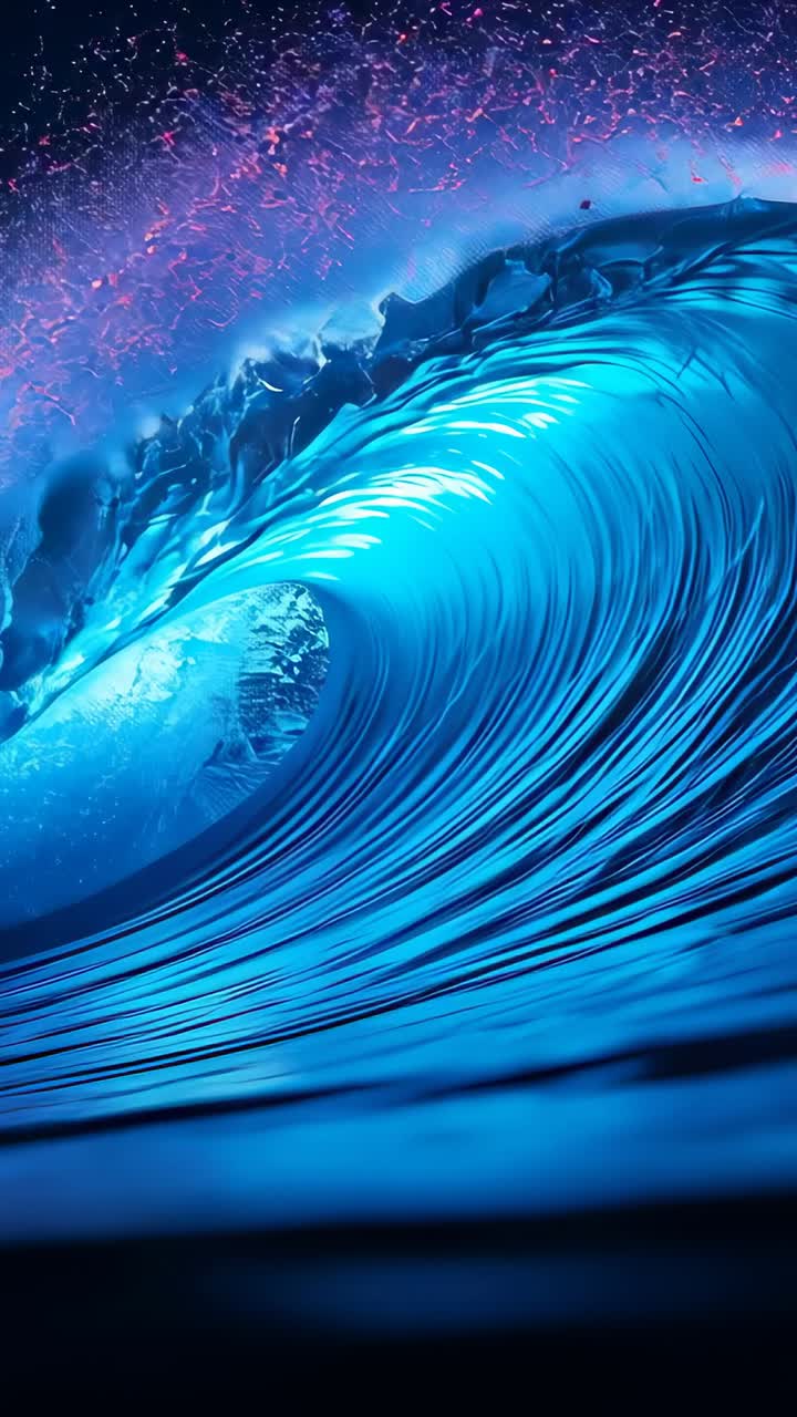 Vertical video: Pushing swell wave curling barrel at sea, breaking with inner tube and pink spray