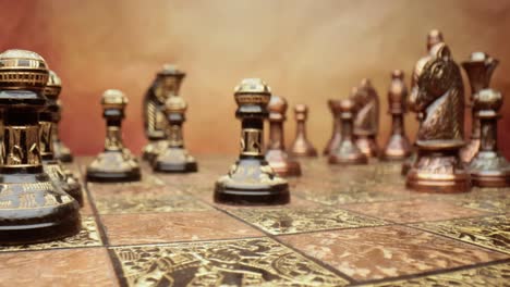 Flight of the camera between vintage chess. super macro close-up