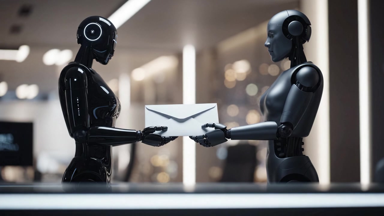 Un'interazione dinamica tra due robot avanzati in un moderno ambiente d'ufficio, che comunicano e si scambiano un documento in un'ambientazione futuristica.
