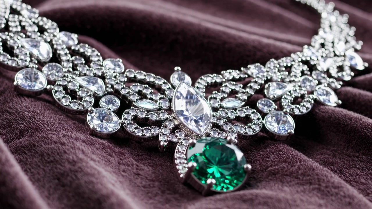 Elegante collana di diamanti e smeraldi su velluto viola