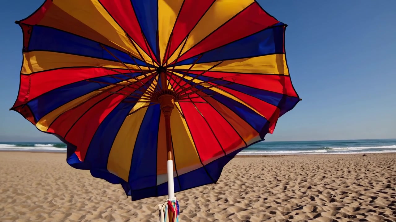 Parasol de plage coloré ondulant au vent sur une plage ensoleillée