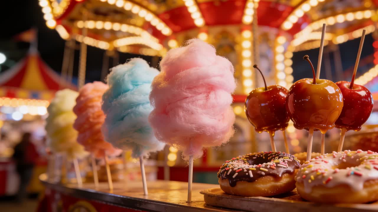 Panoramica della telecamera che mostra una bancarella di dolci di notte, con coni di zucchero filato pastello, mele caramellate e ciambelle.