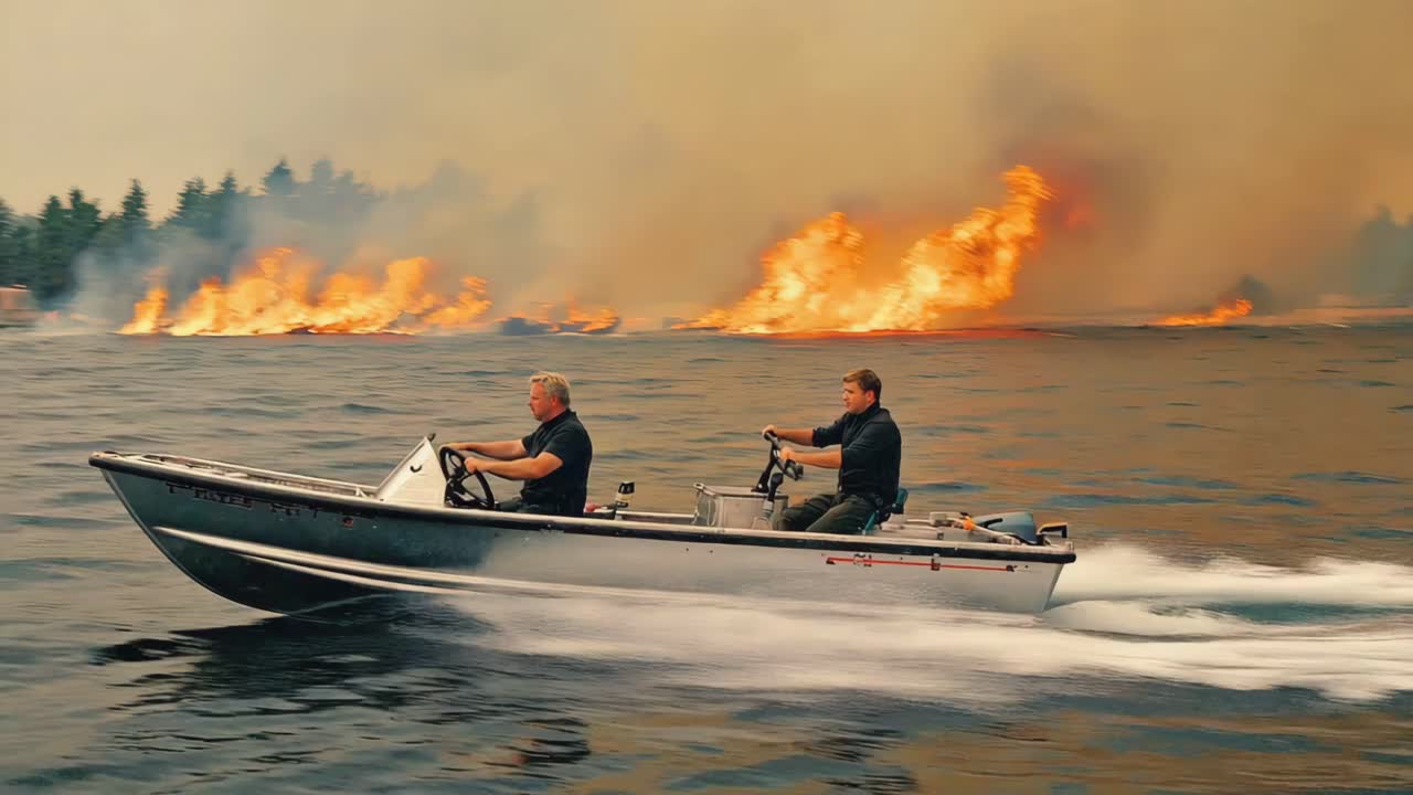 Rescuers on a boat near a forest fire