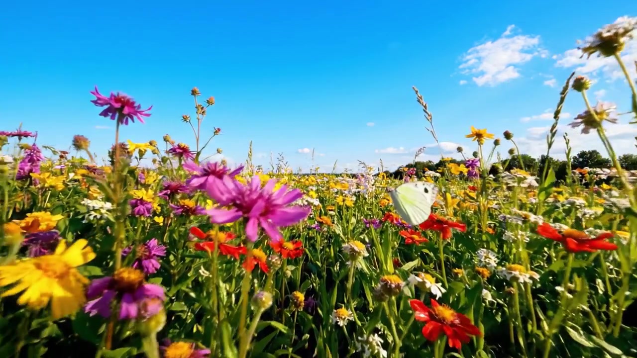 Un Vibrante Paesaggio Floreale Sotto un Cielo Azzurro Limpido: La Bellezza dei Fiori Selvatici Catturata in una Scena di Prato Colorato