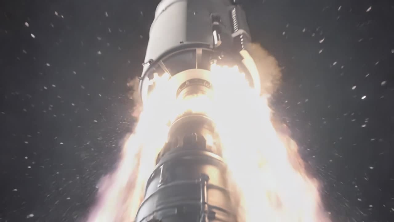ロケットのステージが点火し、月面から離陸する。ノズルがレゴリスを掘り起こし、塵を巻き上げながら上昇する。