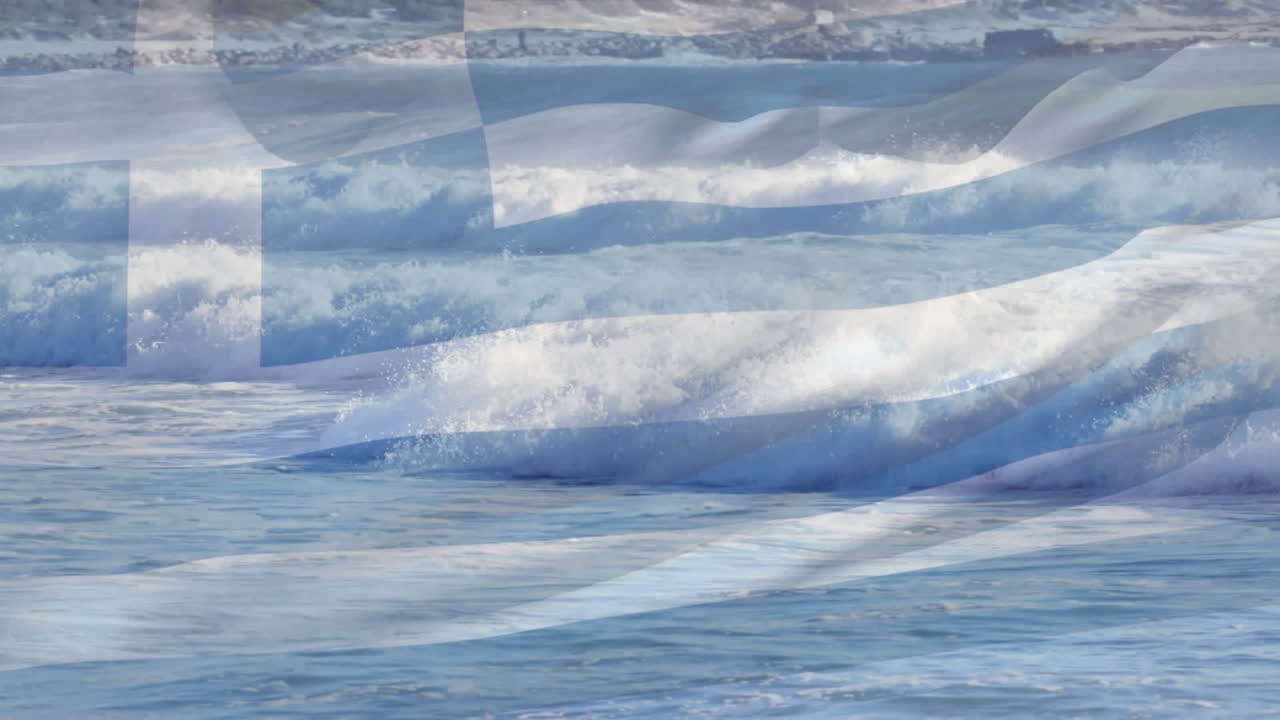 그리스  ⁇ 발이 바다 풍경 위에서 날아다니는 애니메이션