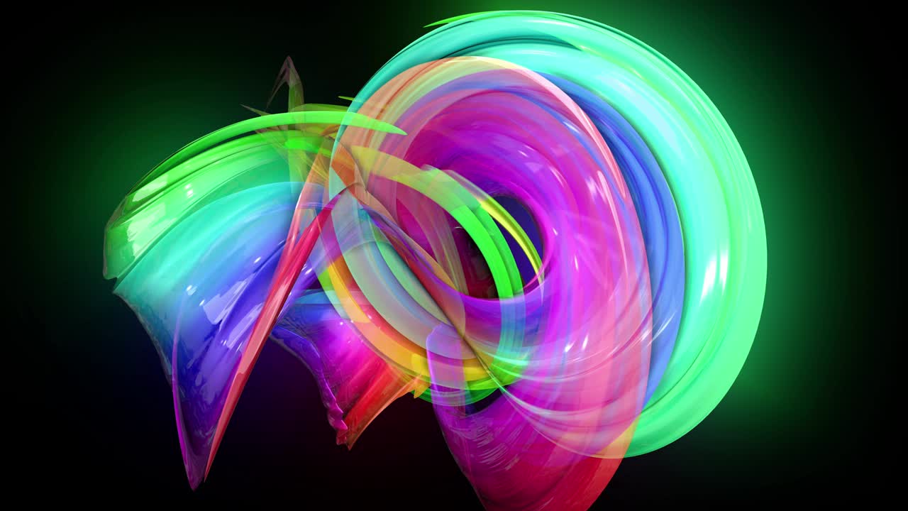 검은색 배경에 네온 빛을 가진 투명한 색상의 선. 모션 그래픽 3d 루프 배경과 다채로운 다채로운 무지개 리본. 모션 디자인 스타일의 아름다운 원활한 배경.
