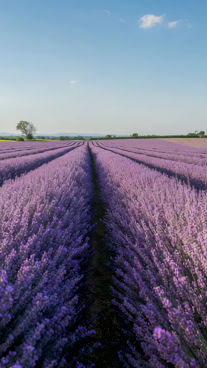 Video verticale: camera che segue il solco centrale tra i filari di lavanda, rivelando i fiori