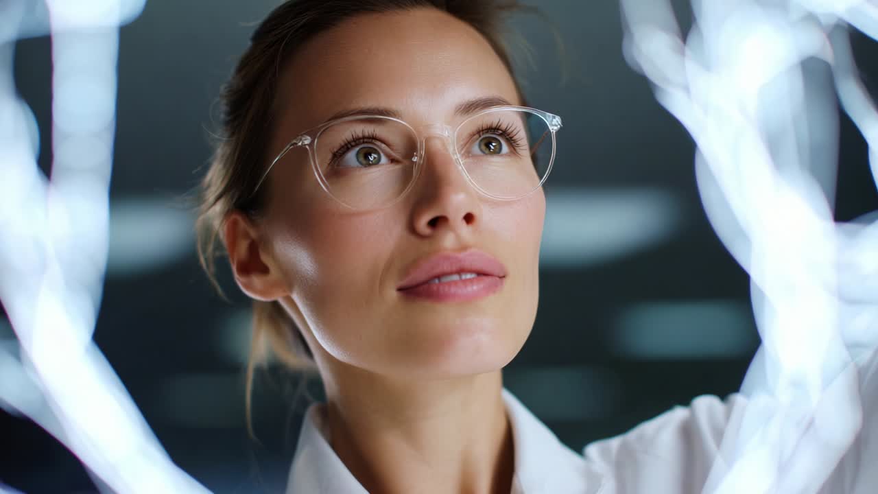 A focused professional woman, with glasses, engaging with luminous strands of light in a sophisticated environment, illustrating creativity, technology, and innovation through her thoughtful expression