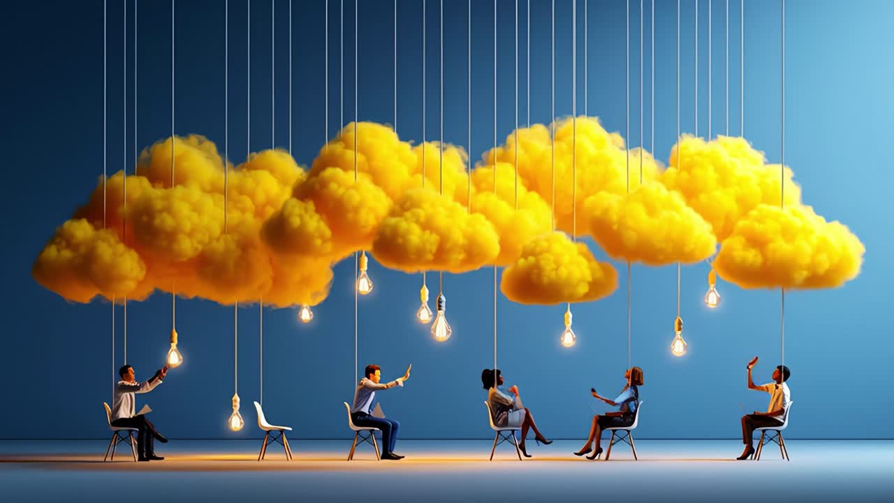 A Creative Gathering: Individuals Engaged in Thoughtful Discussions Beneath Floating Cloud Installations and Illuminating Bulbs, Symbolizing Ideas and Collaboration