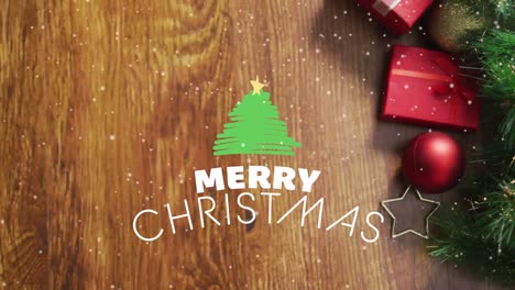 animación de las estaciones navideñas saludos con nieve cayendo sobre las decoraciones navideñas