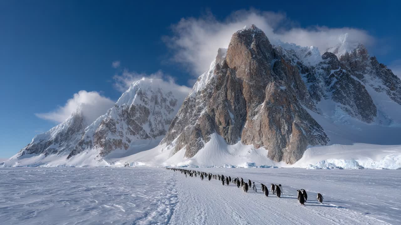 A Majestic Journey: Penguins Traverse an Icy Landscape Beneath Towering Snow-Capped Mountains in a Stunning Arctic Scene