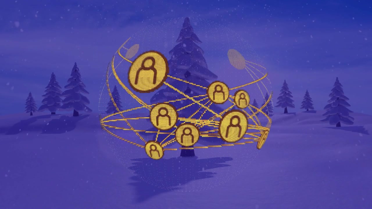 Rete dorata che si forma e poi ruota tra la neve in una foresta invernale, illustrando le connessioni degli utenti.