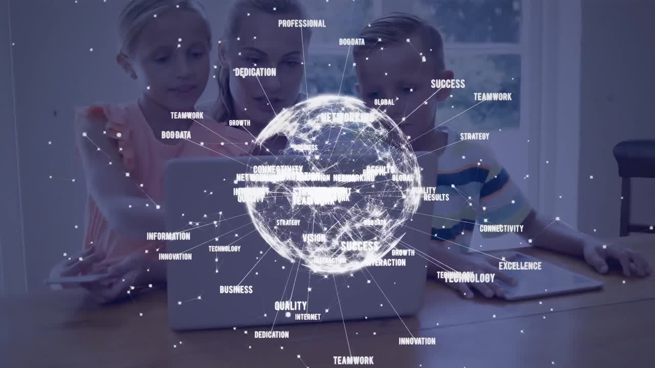 노트북을 사용하는 아이들과 함께 백인 어머니에 대한 비즈니스 텍스트와 지구촌의 애니메이션