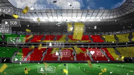 animation of social media icons and confetti over crowd cameroon flag in stands at sports stadium