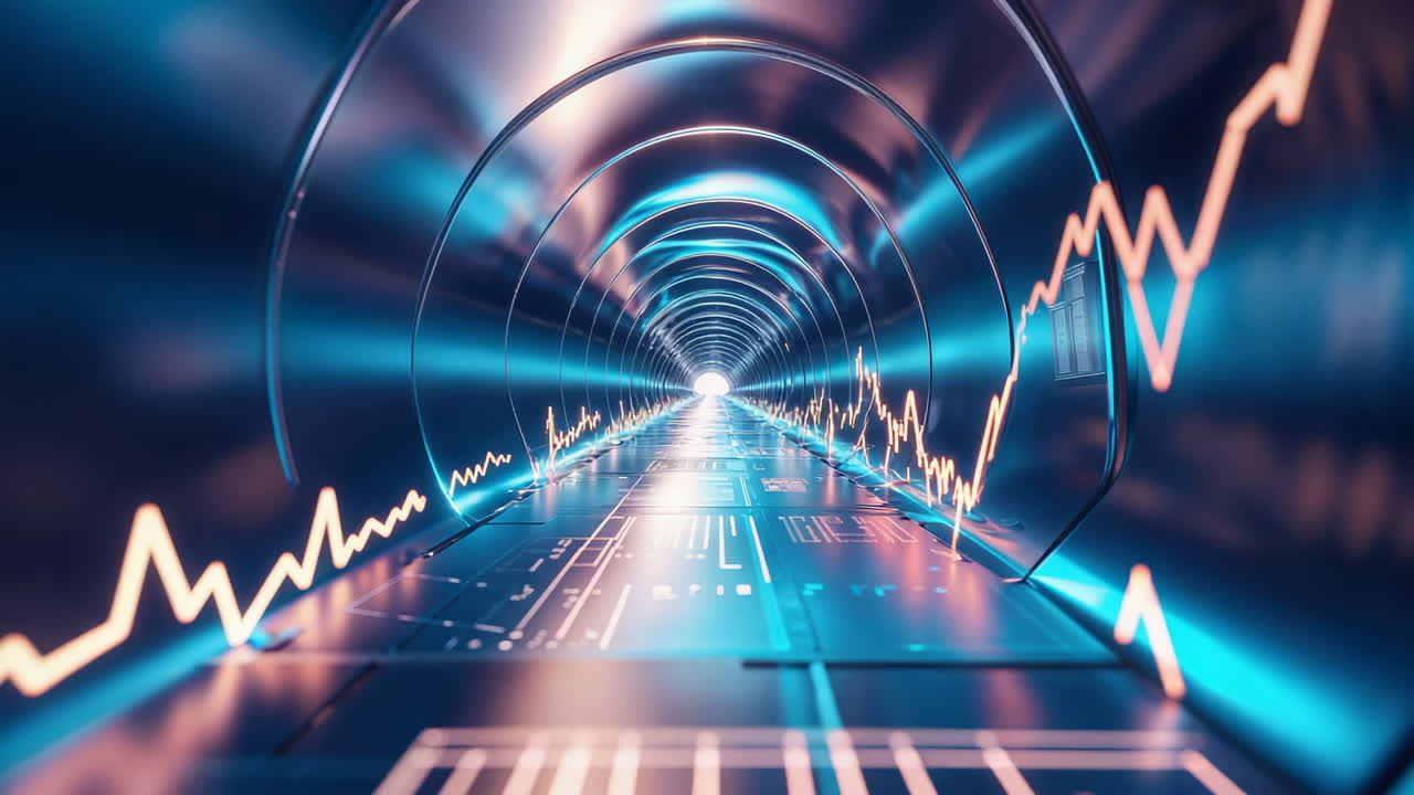 Futuristic Data Tunnel with Financial Graphs