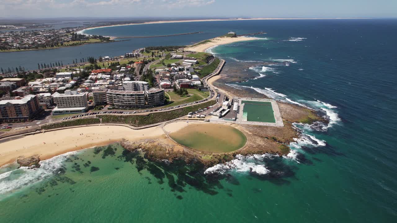 Newcastle Ocean Baths With Newcastle Canoe Pool In New South Wales, Australia - Aerial Shot